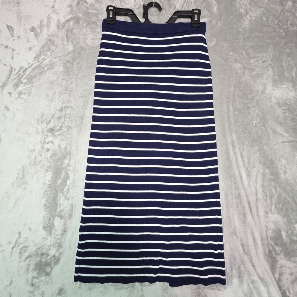 Freshman 1996 Navy Blue White Striped Ribbed Knit Midi Skirt Back Slit Small
